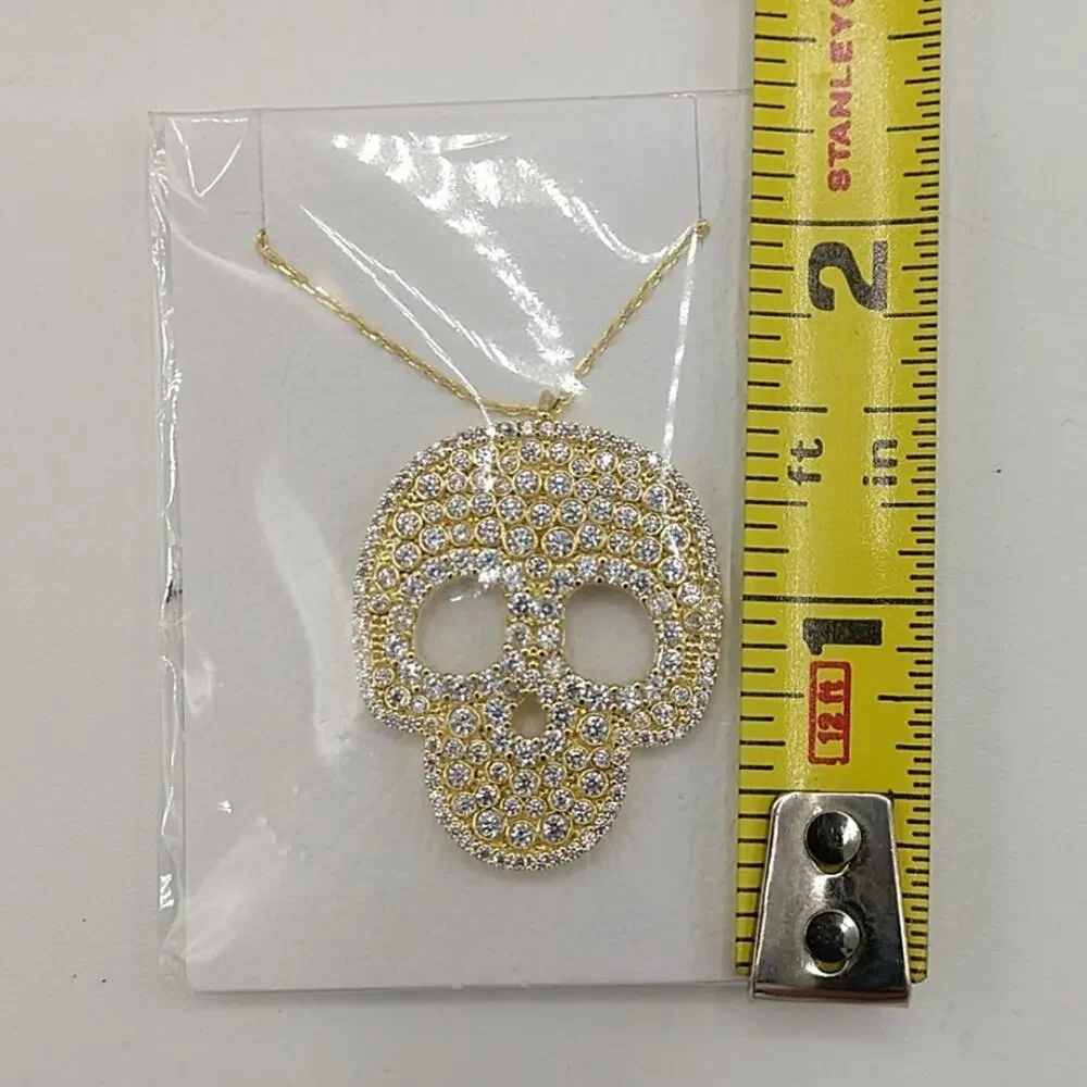 18K Yellow Gold Skull Necklace Vermeil Dazzle CZ Pave Goth Halloween 18 inch